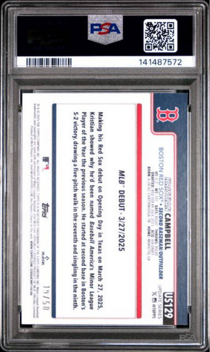 Graded 2025 Topps Update Kristian Campbell #129 Gold Rainbow Foil /50 Rookie RC Baseball Card PSA 10 Gem Mint