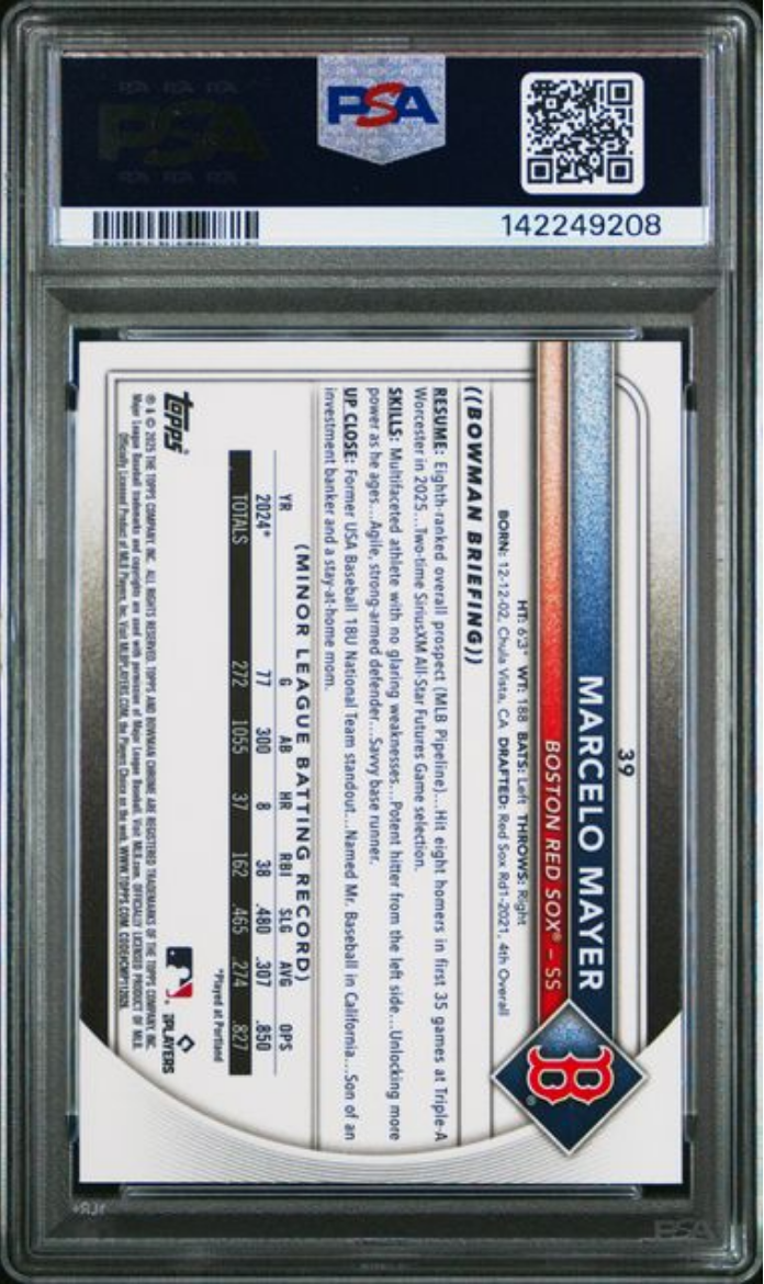 Graded 2025 Topps Bowman Chrome Marcelo Mayer #39 Purple Geometric /250 Rookie RC Baseball Card PSA 10 Gem Mint