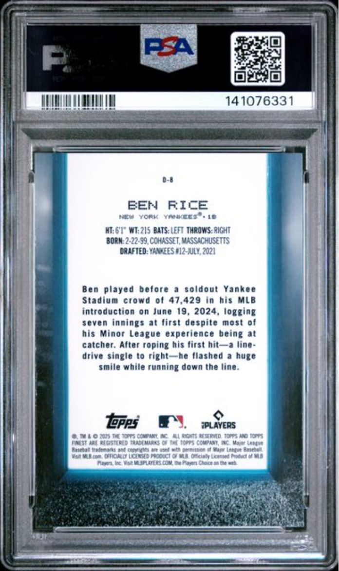 Graded 2025 Topps Finest Ben Rice #D8 Debut Rookie RC Baseball Card PSA 10 Gem Mint