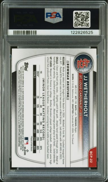 Graded 2025 Topps Bowman Mega Box JJ Wetherholt #22 Prospects Rookie RC Baseball Card PSA 10 Gem Mint