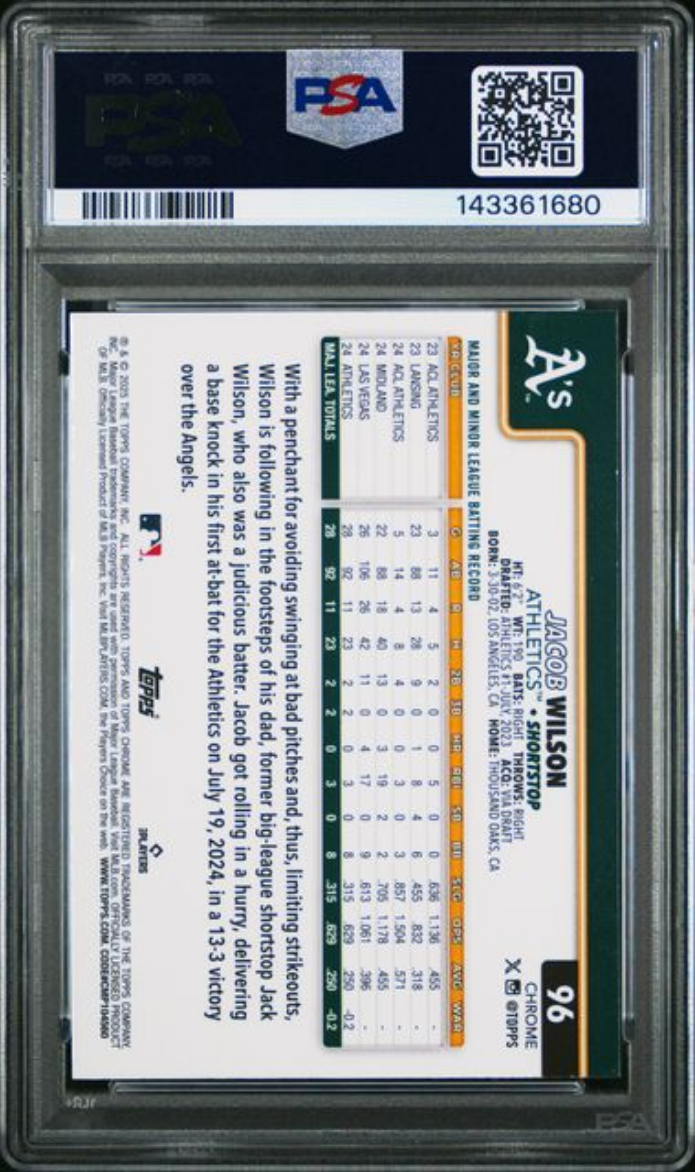 Graded 2025 Topps Chrome L/E Jacob Wilson #96 Variation Rookie RC Baseball Card PSA 10 Gem Mint