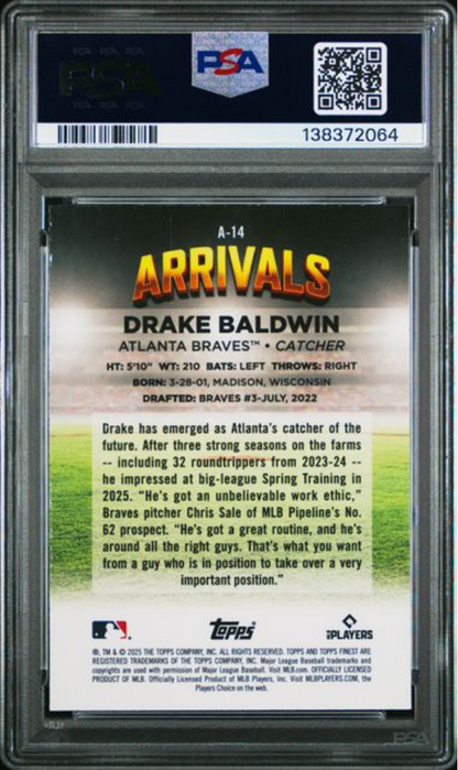 Graded 2025 Topps Finest Drake Baldwin #A14 Arrivals Sky Blue Refractor Rookie RC Baseball Card PSA 10 Gem Mint