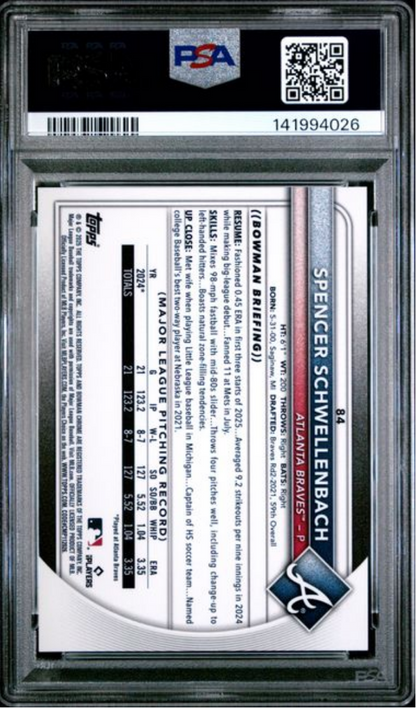 Graded 2025 Topps Bowman Chrome Spencer Schwellenbach #84 Gold Geometric /50 Rookie RC Baseball Card PSA 10 Gem Mint