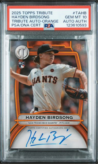 Graded 2025 Topps Tribute Hayden Birdsong #TAHB Tribute Auto Orange /25 Rookie RC Baseball Card PSA 10 Gem Mint Auto Authentic