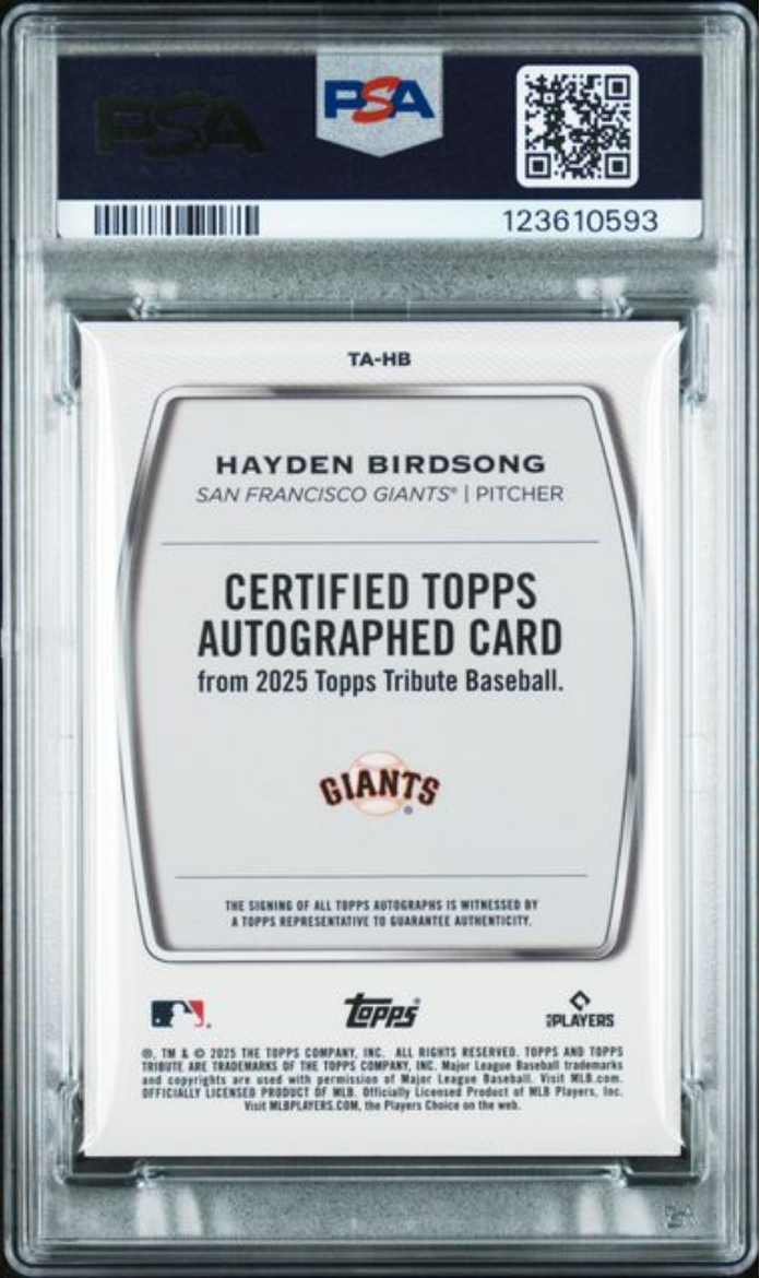 Graded 2025 Topps Tribute Hayden Birdsong #TAHB Tribute Auto Orange /25 Rookie RC Baseball Card PSA 10 Gem Mint Auto Authentic