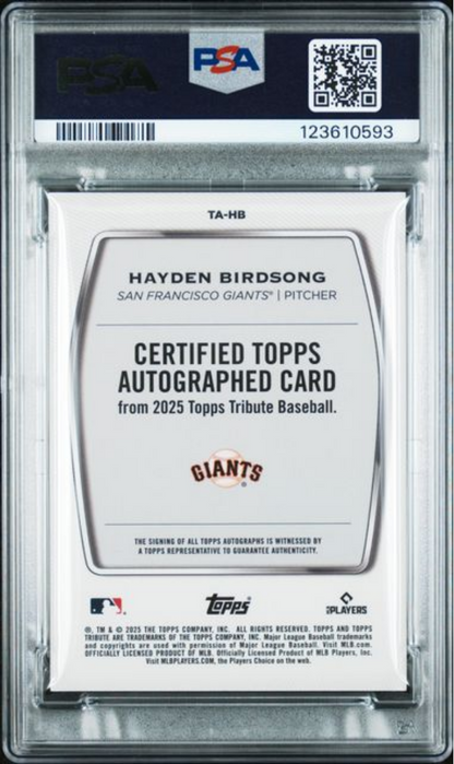 Graded 2025 Topps Tribute Hayden Birdsong #TAHB Tribute Auto Orange /25 Rookie RC Baseball Card PSA 10 Gem Mint Auto Authentic