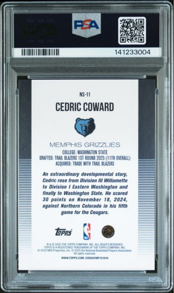 Graded 2025 Topps Cedric Coward #NS11 New School Rookie RC Basketball Card PSA 10 Gem Mint