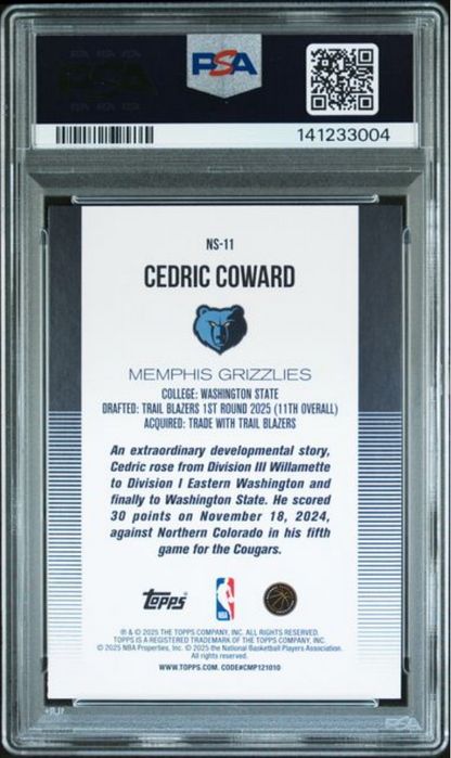 Graded 2025 Topps Cedric Coward #NS11 New School Rookie RC Basketball Card PSA 10 Gem Mint