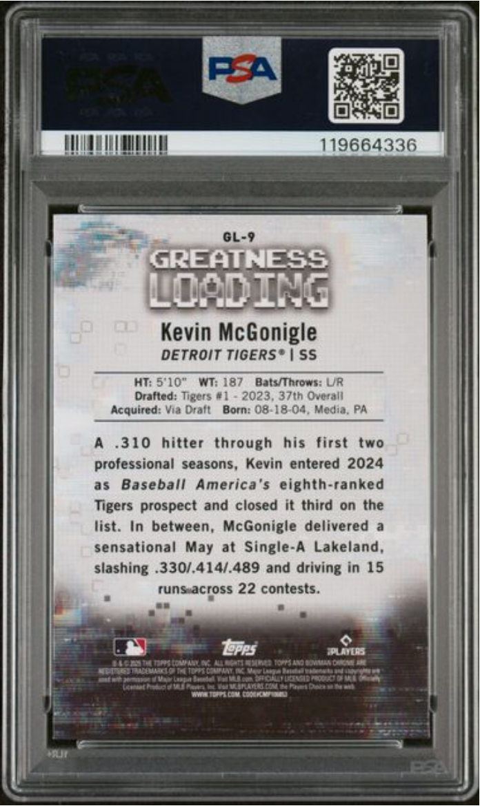 Graded 2025 Topps Bowman Kevin McGonigle #GL9 Greatness Loading Rookie RC Baseball Card PSA 10 Gem Mint