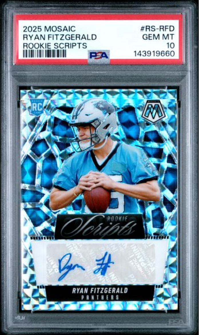 Graded 2025 Panini Mosaic Ryan Fitzgerald #RS-RFD Rookie Scripts Rookie RC Football Card PSA 10 Gem Mint