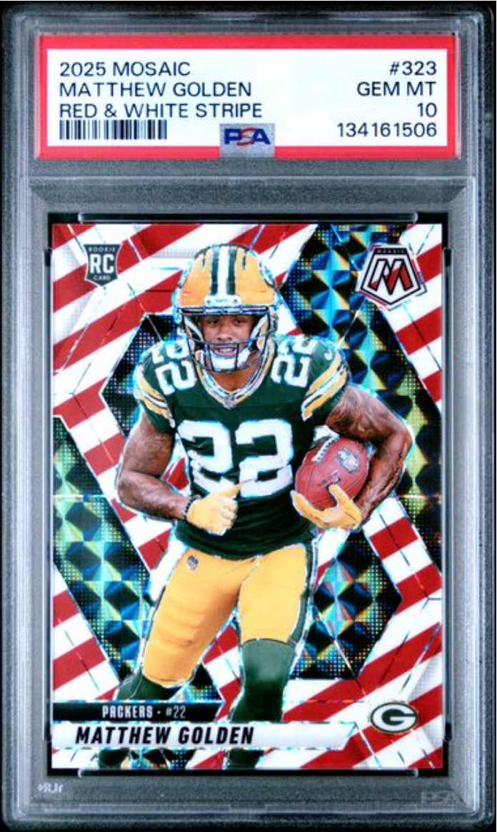 Graded 2025 Panini Mosaic Matthew Golden #323 Red & White Stripe Rookie RC Football Card PSA 10 Gem Mint