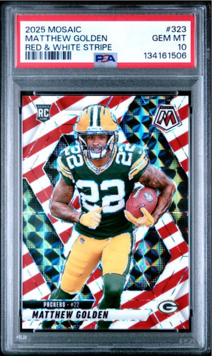 Graded 2025 Panini Mosaic Matthew Golden #323 Red & White Stripe Rookie RC Football Card PSA 10 Gem Mint