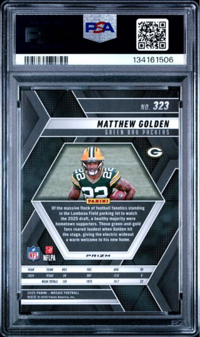 Graded 2025 Panini Mosaic Matthew Golden #323 Red & White Stripe Rookie RC Football Card PSA 10 Gem Mint