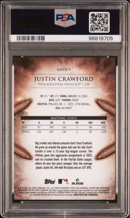 Graded 2024 Topps Bowman Justin Crawford #GOTD9 Gladiators of the Diamond Rookie RC Baseball Card PSA 10 Gem Mint