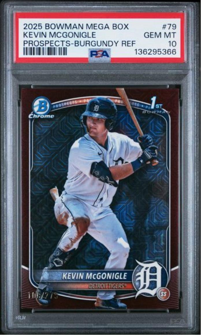 Graded 2025 Topps Bowman Chrome Mega Box Kevin McGonigle #79 Prospects Burgundy Refractor /275 Rookie RC Baseball Card PSA 10 Gem Mint