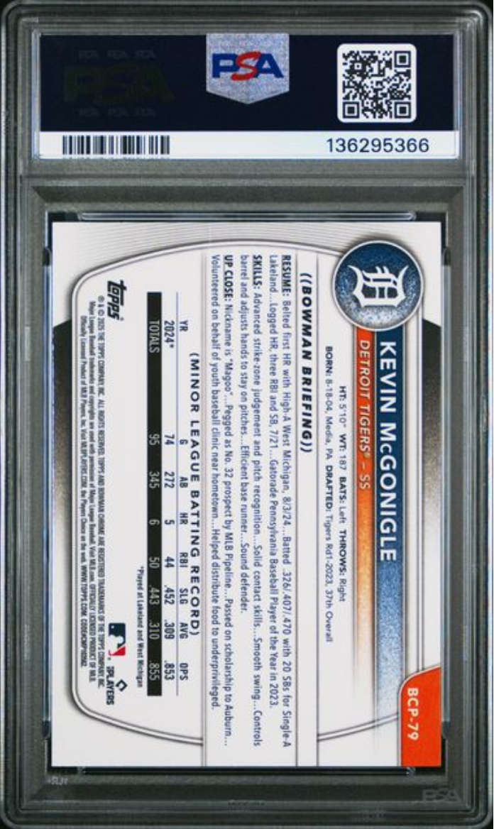 Graded 2025 Topps Bowman Chrome Mega Box Kevin McGonigle #79 Prospects Burgundy Refractor /275 Rookie RC Baseball Card PSA 10 Gem Mint
