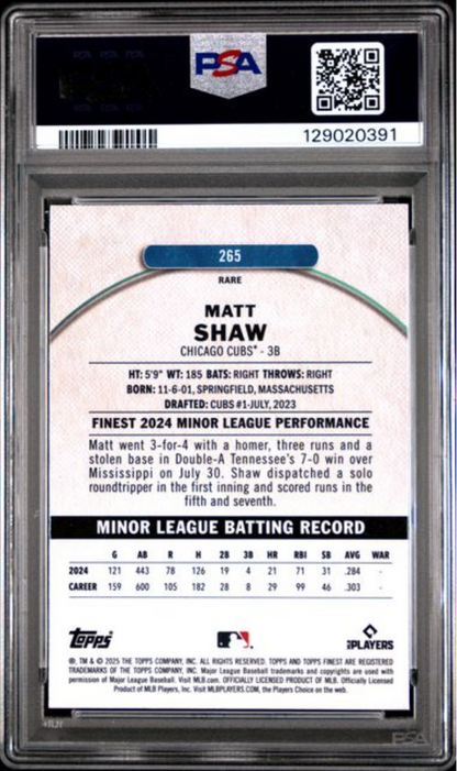 Graded 2025 Topps Finest Matt Shaw #265 Sky Blue Refractor /150 Rookie RC Baseball Card PSA 10 Gem Mint