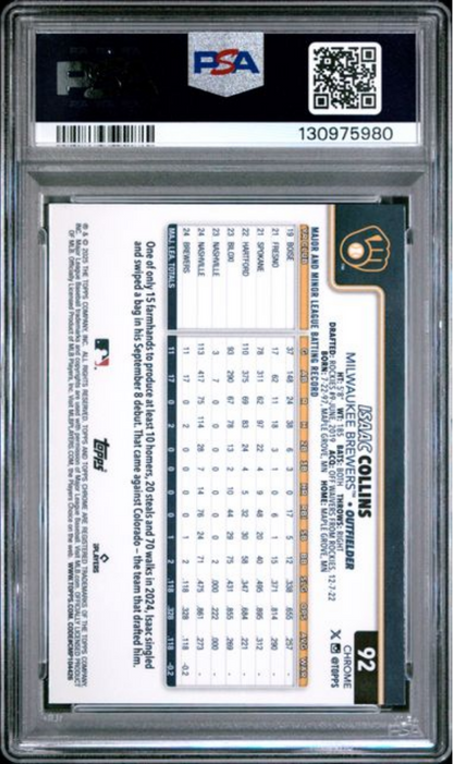 Graded 2025 Topps Chrome Isaac Collins #92 Xfractor Rookie RC Baseball Card PSA 10 Gem Mint
