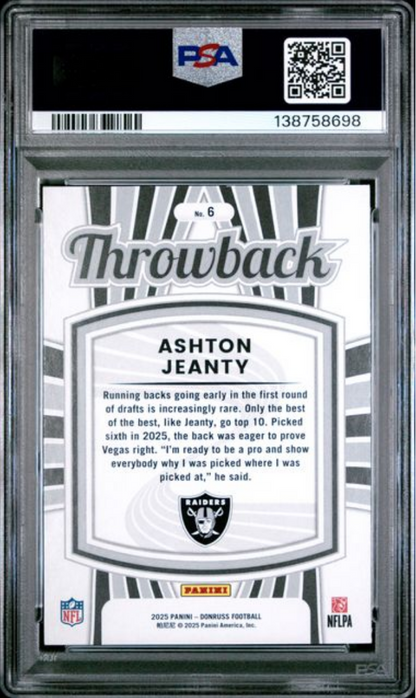 Graded 2025 Panini Donruss Ashton Jeanty #6 Rated Rookies Throwback Rookie RC Football Card PSA 10 Gem Mint