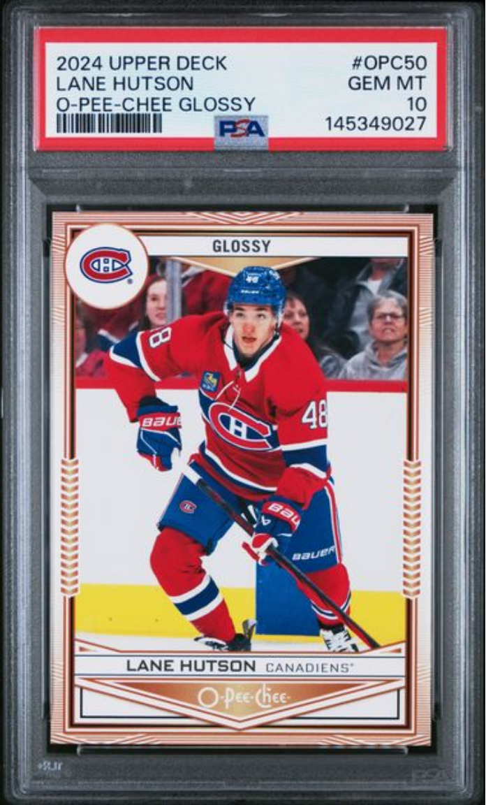 Graded 2024 Upper Deck Lane Hutson #OPC50 O-Pee-Chee Glossy Rookie RC Hockey Card PSA 10 Gem Mint