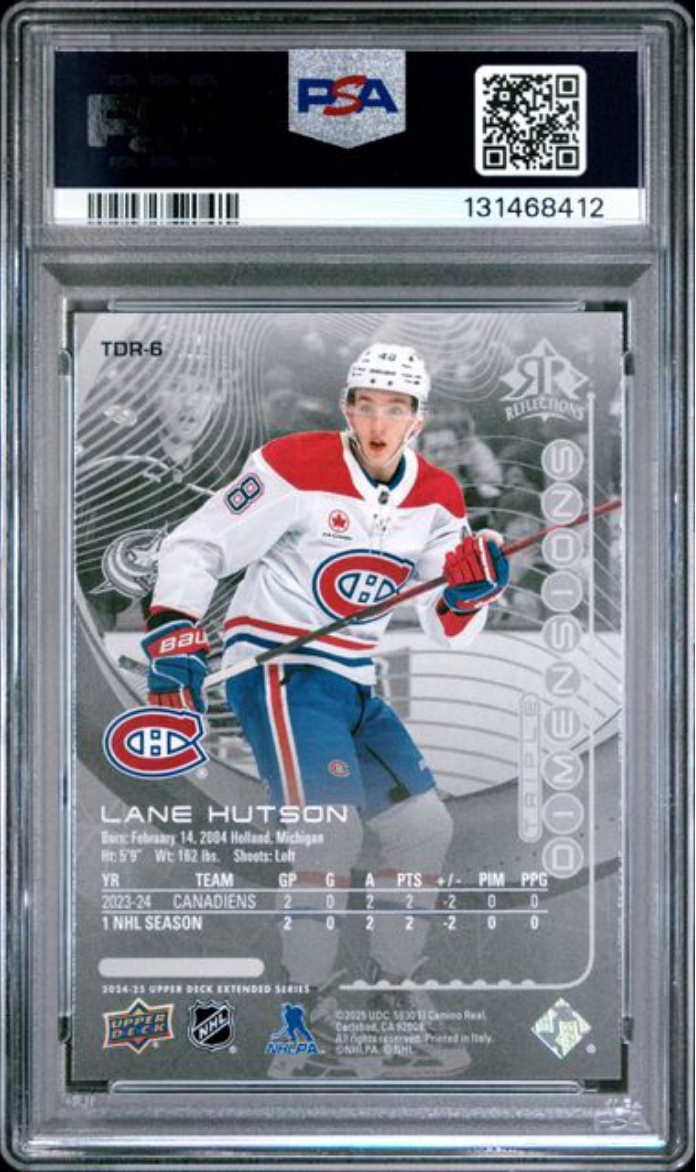 Graded 2024 Upper Deck Lane Hutson #TDR6 TPL Dimensions Reflections Rookie RC Hockey Card PSA 10 Gem Mint