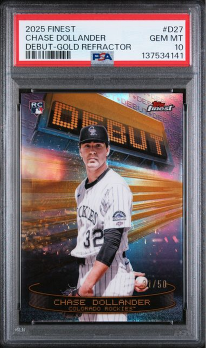 Graded 2025 Topps Finest Chase Dollander #D27 Debut Gold Refractor /50 Rookie RC Baseball Card PSA 10 Gem Mint