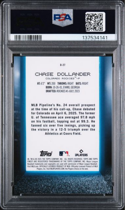 Graded 2025 Topps Finest Chase Dollander #D27 Debut Gold Refractor /50 Rookie RC Baseball Card PSA 10 Gem Mint