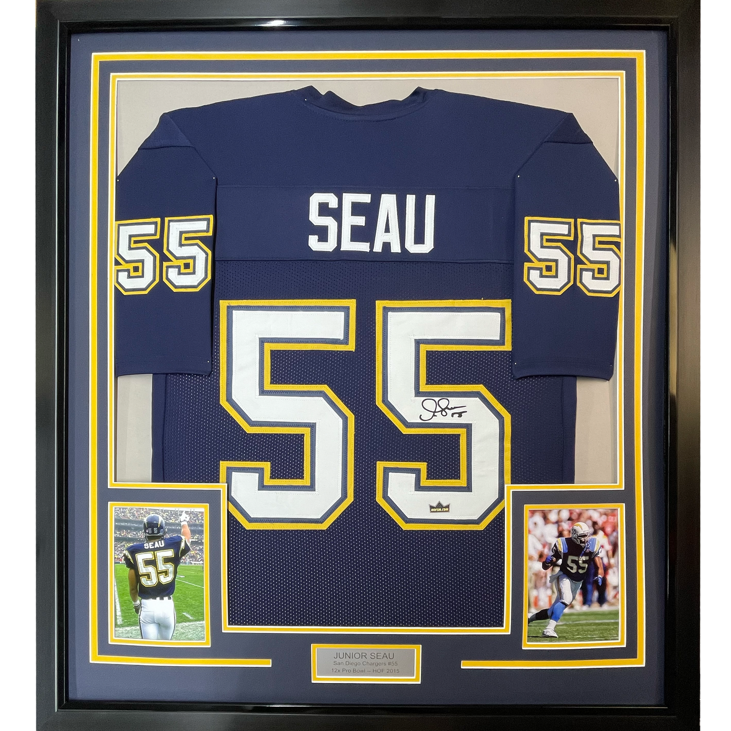 Framed Facsimile Autographed Junior Seau 35x39 San Diego Dark Blue Reprint Laser Auto Football Jersey