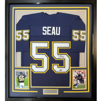 Framed Facsimile Autographed Junior Seau 35x39 San Diego Dark Blue Reprint Laser Auto Football Jersey