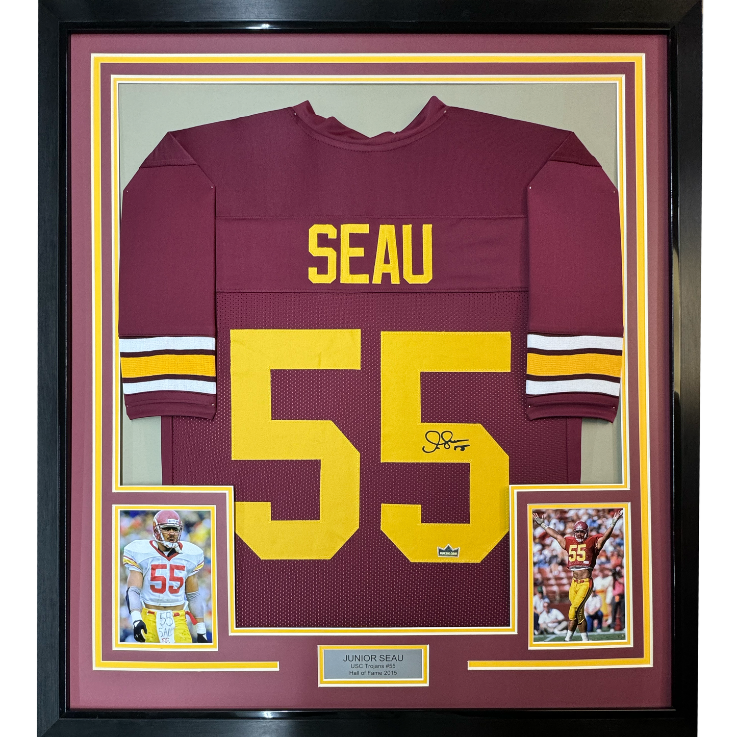 Framed Facsimile Autographed Junior Seau 35x39 USC Maroon Reprint Laser Auto College Football Jersey