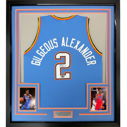 Framed Facsimile Autographed Shai Gilgeous-Alexander 35x39 SGA Oklahoma City Blue Reprint Laser Auto Basketball Jersey