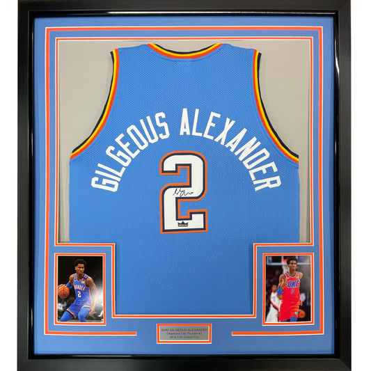 Framed Facsimile Autographed Shai Gilgeous-Alexander 35x39 SGA Oklahoma City Blue Reprint Laser Auto Basketball Jersey