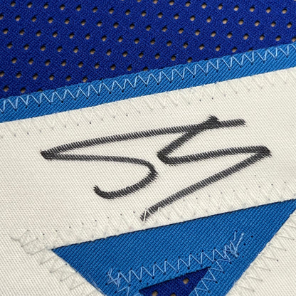 Framed Autographed/Signed Shaquille Shaq O'Neal 35x39 Los Angeles Retro Blue Basketball Jersey JSA COA