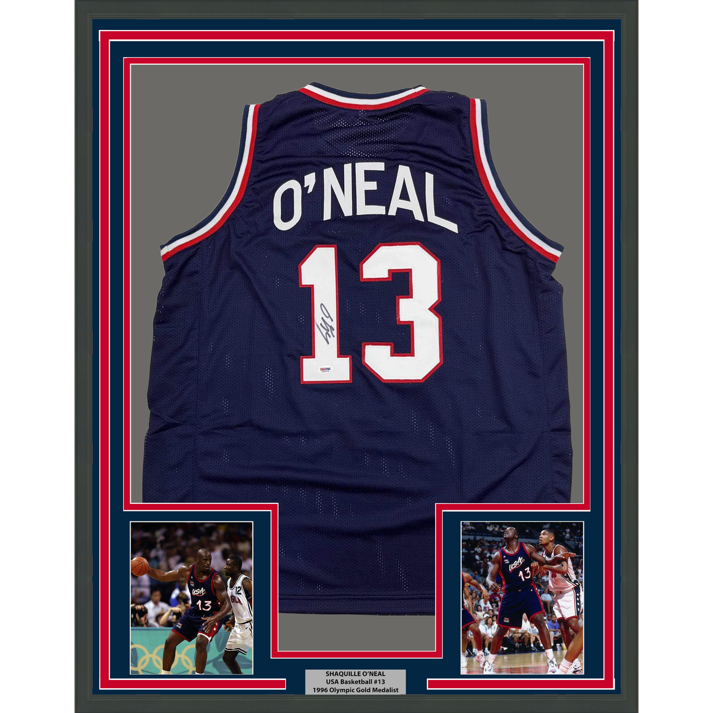Framed Autographed/Signed Shaquille Shaq O'Neal 35x39 USA United States Blue Basketball Jersey PSA/DNA COA