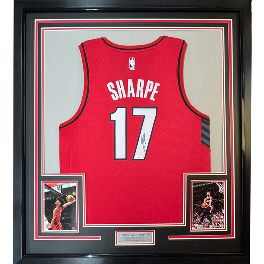 Framed Autographed/Signed Shaedon Sharpe 35x39 Portland Red Basketball Jersey JSA COA