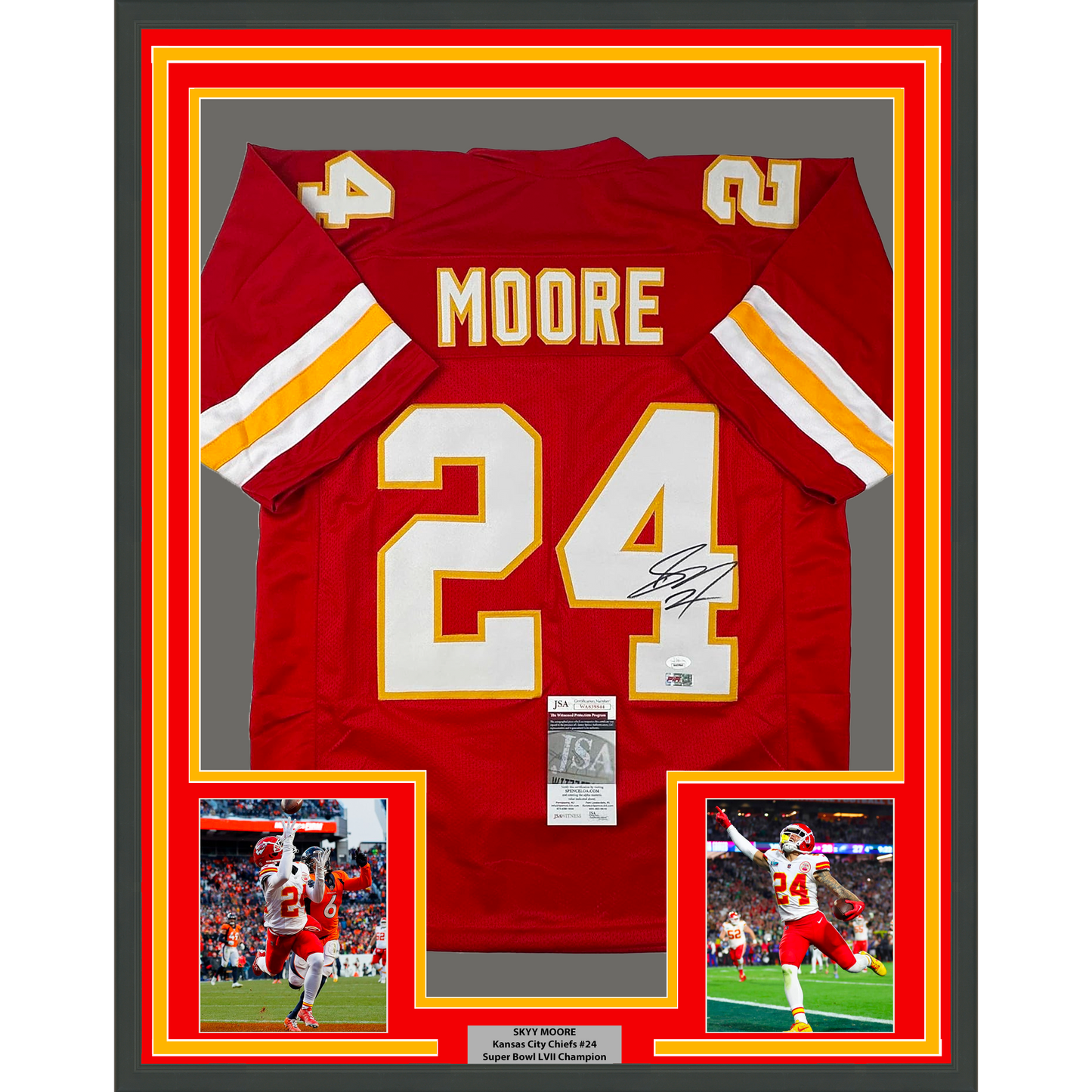 Framed Autographed/Signed Skyy Moore 35x39 Kansas City Red Football Jersey JSA COA