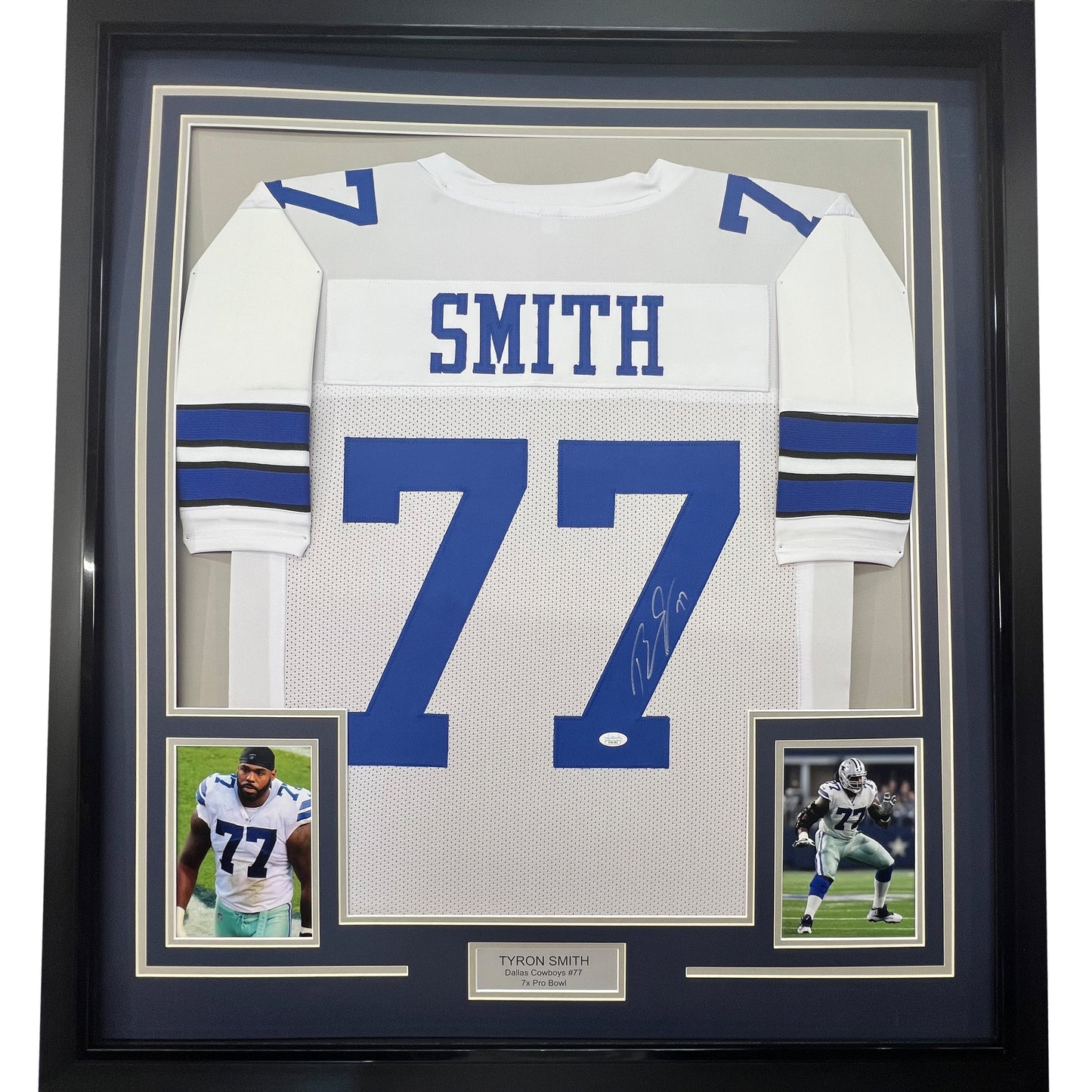 Framed Autographed/Signed Tyron Smith 35x39 Dallas White Football Jersey JSA COA