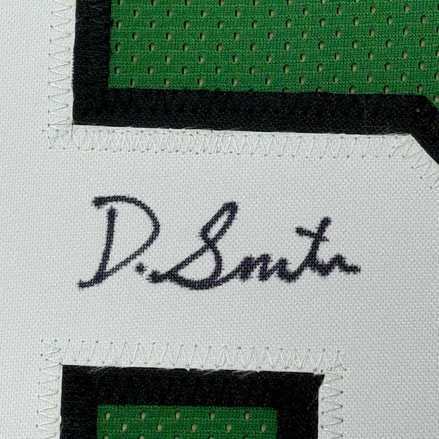 Framed Autographed/Signed Devonta Smith 35x39 Philadelphia Kelly Green Football Jersey JSA COA