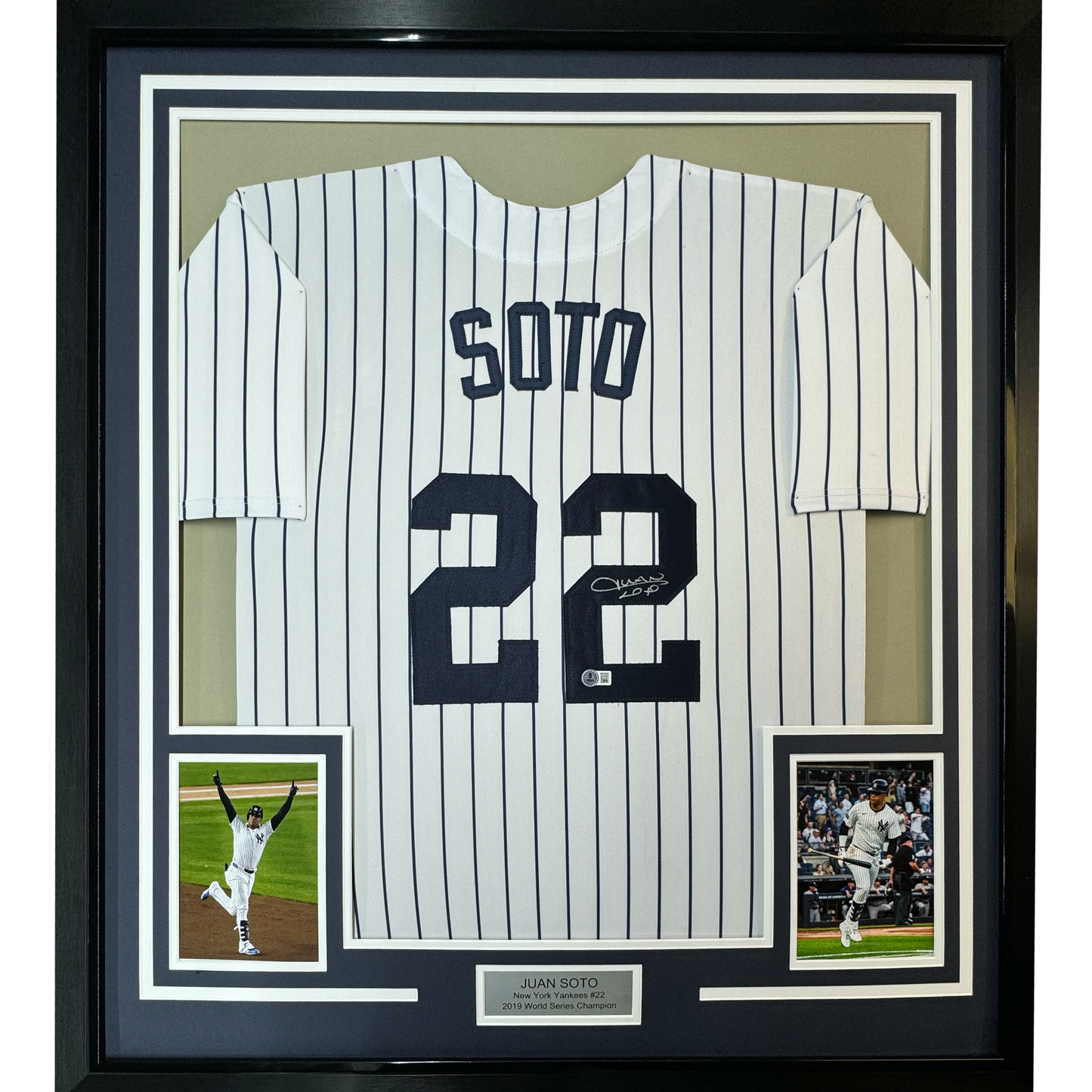 Framed Autographed/Signed Juan Soto 35x39 New York Pinstripe Baseball Jersey Beckett BAS COA