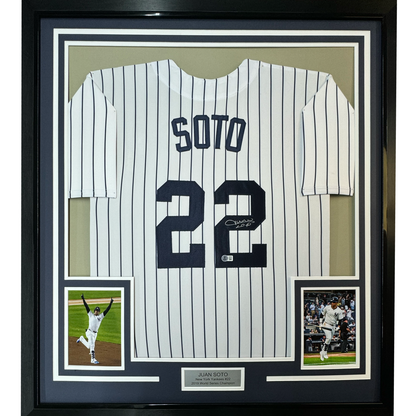 Framed Autographed/Signed Juan Soto 35x39 New York Pinstripe Baseball Jersey Beckett BAS COA