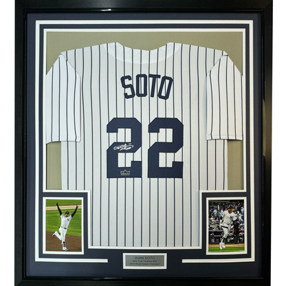 Framed Facsimile Autographed Juan Soto 35x39 New York Pinstripe Reprint Laser Auto Baseball Jersey