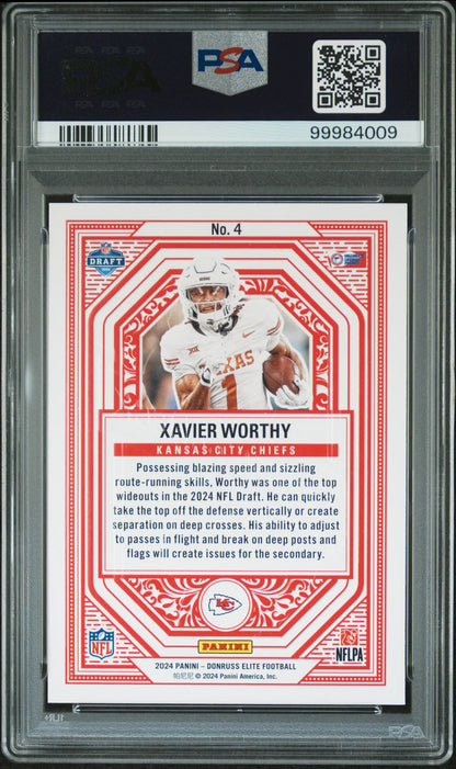 Graded 2024 Panini Donruss Elite Xavier Worthy #4 Rookie On Deck Rookie RC Football Card PSA 10 Gem Mint