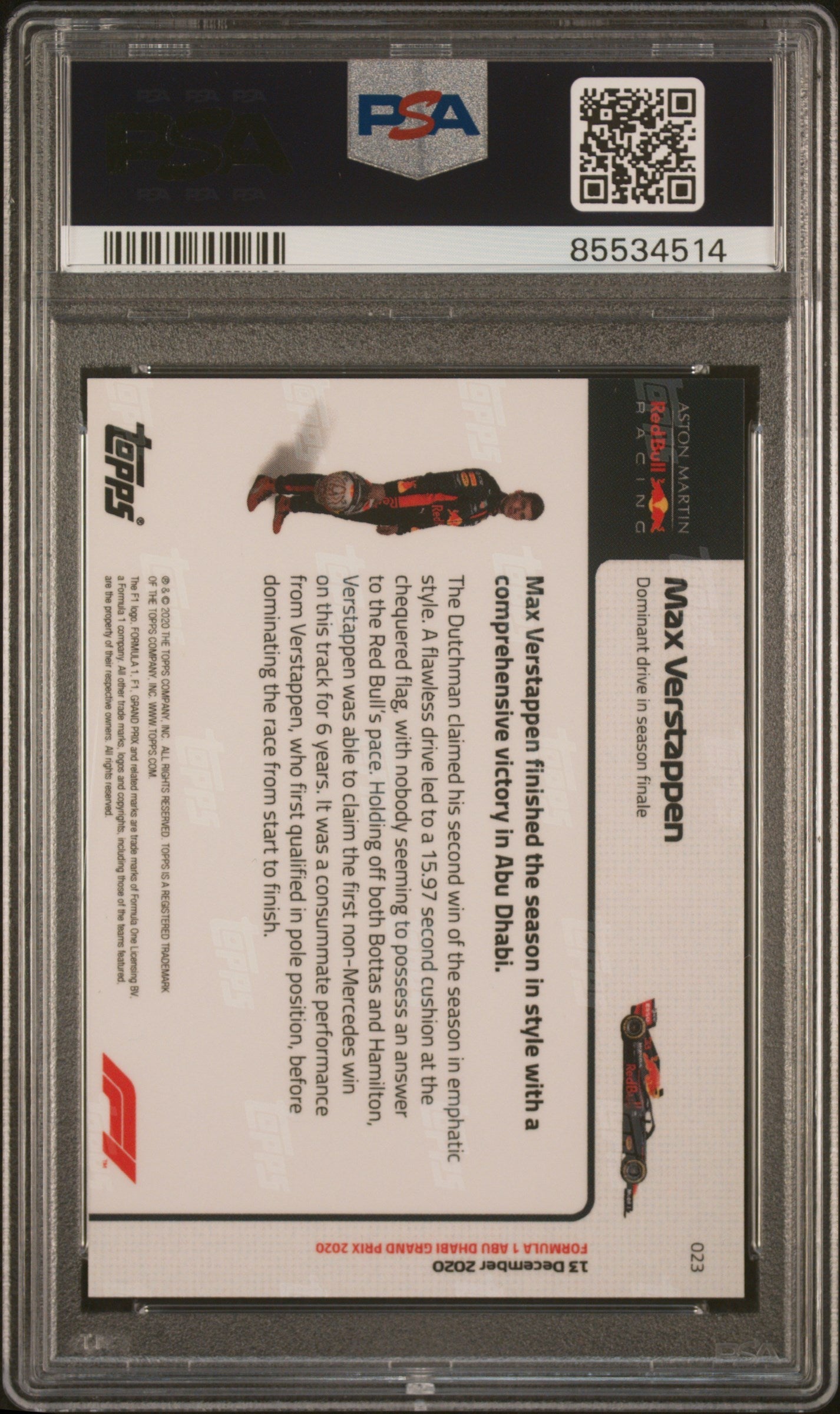 Graded 2020 Topps Now Max Verstappen #23 Formula 1 F1 Racing Card PSA 10 Gem Mint