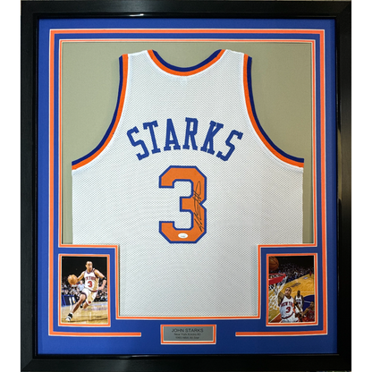 Framed Autographed/Signed John Starks 35x39 New York White Basketball Jersey JSA COA