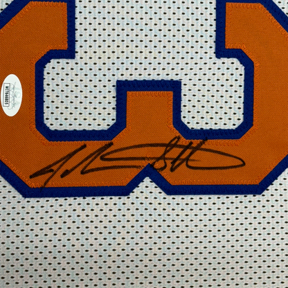 Framed Autographed/Signed John Starks 35x39 New York White Basketball Jersey JSA COA
