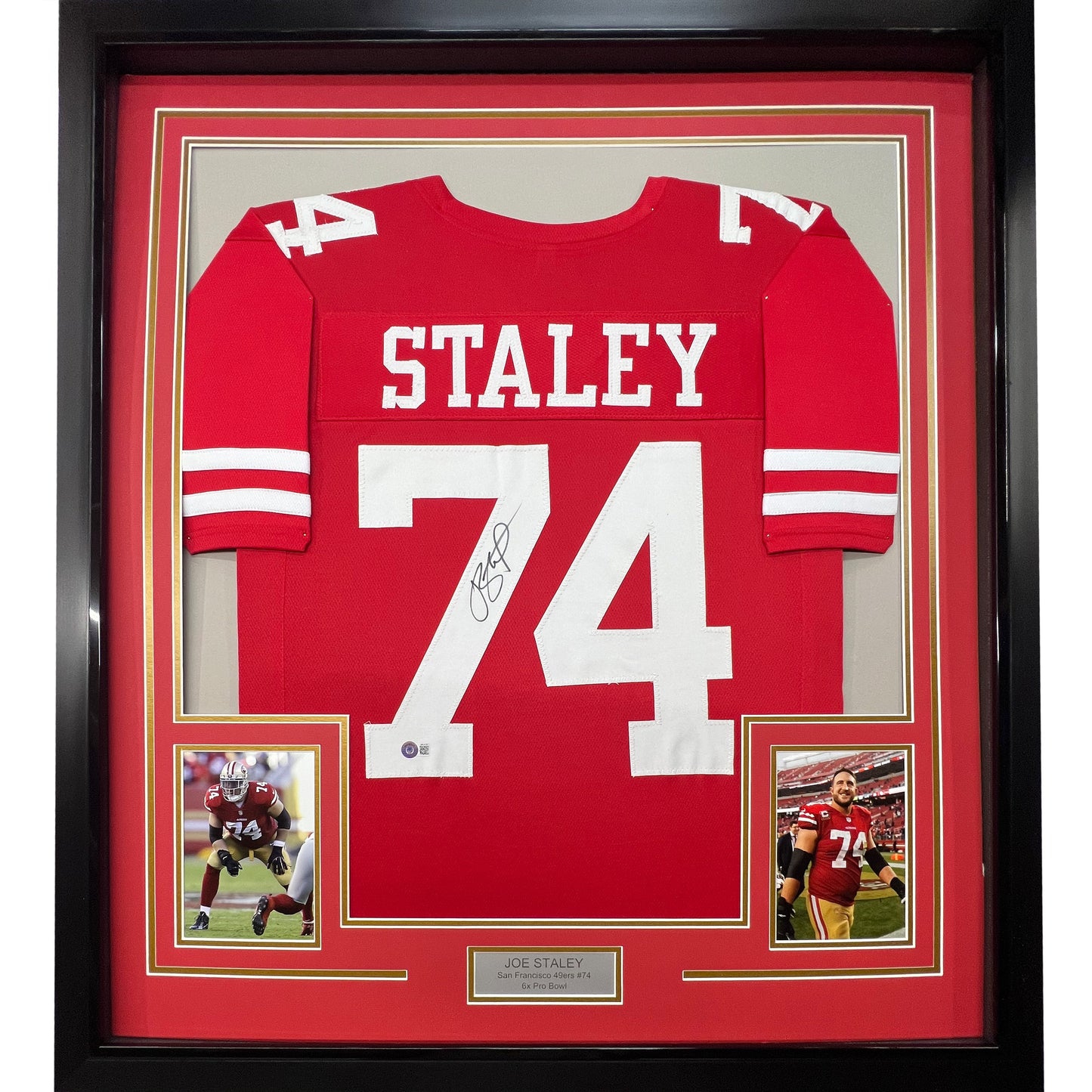 Framed Autographed/Signed Joe Staley 35x39 San Francisco Red Football Jersey Beckett BAS COA