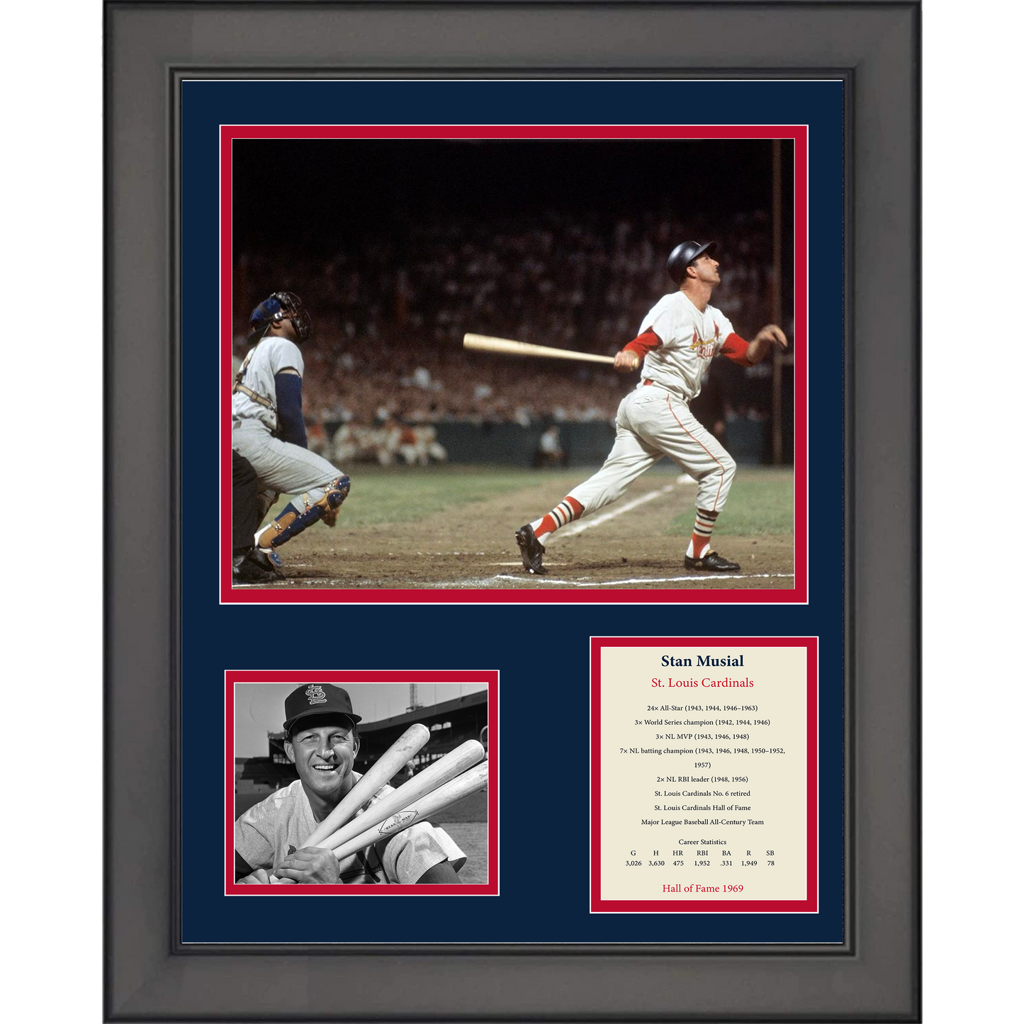 Framed Stan Musial Hall of Fame Baseball 11"x14"Three Photo Collage