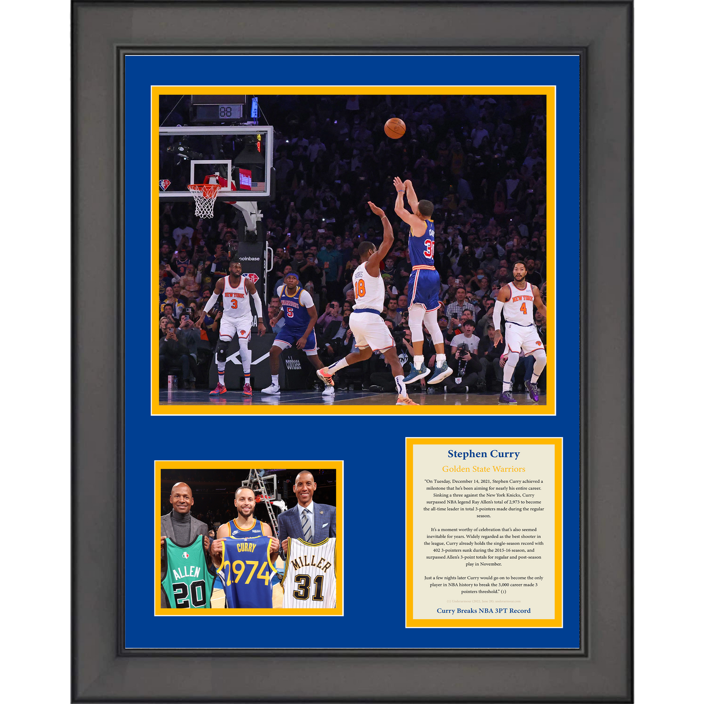 Framed Stephen Curry NBA 3 Point Record Golden State Warriors Basketball 11"x14" Three Photo Collage