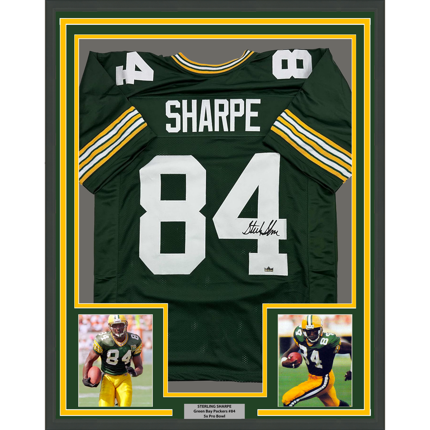 Framed Facsimile Autographed Sterling Sharpe 35x39 Green Bay Green Reprint Laser Auto Football Jersey