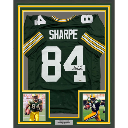 Framed Facsimile Autographed Sterling Sharpe 35x39 Green Bay Green Reprint Laser Auto Football Jersey